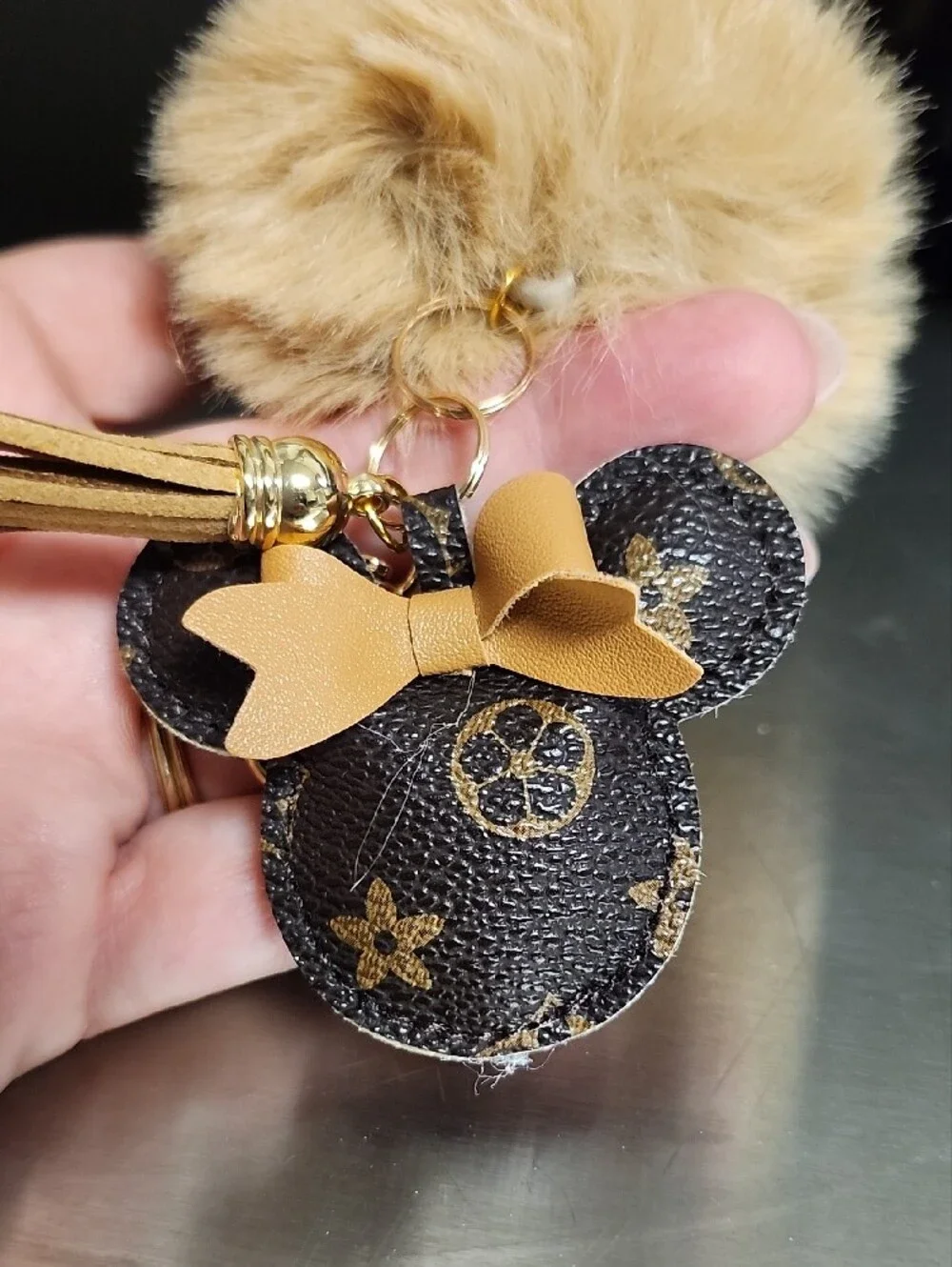 Unbranded Faux Fur Pom Pom Keychain with Brown Bow Accent